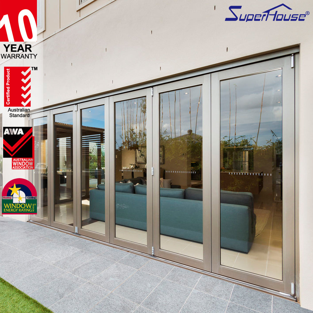 Suerhouse aluminium ykk foldable glass doors design transparent folding patio doors prices with AS2047 standard