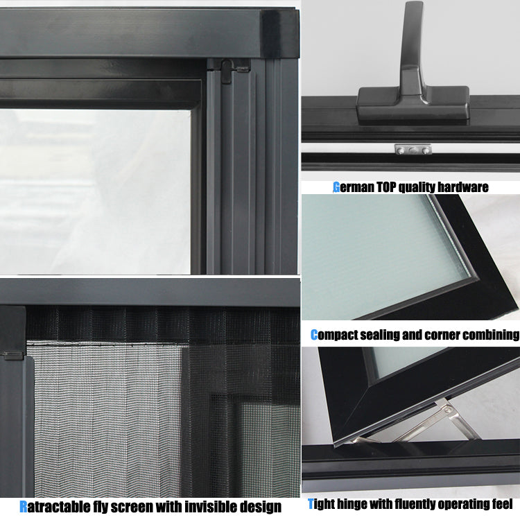 Superwu Aluminum black awning window double glazed tempered glass windows with flyscreen