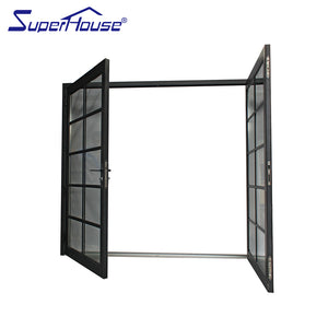 Superwu Australia standard black color aluminum hinge door with decorate grill french door double glazed glass