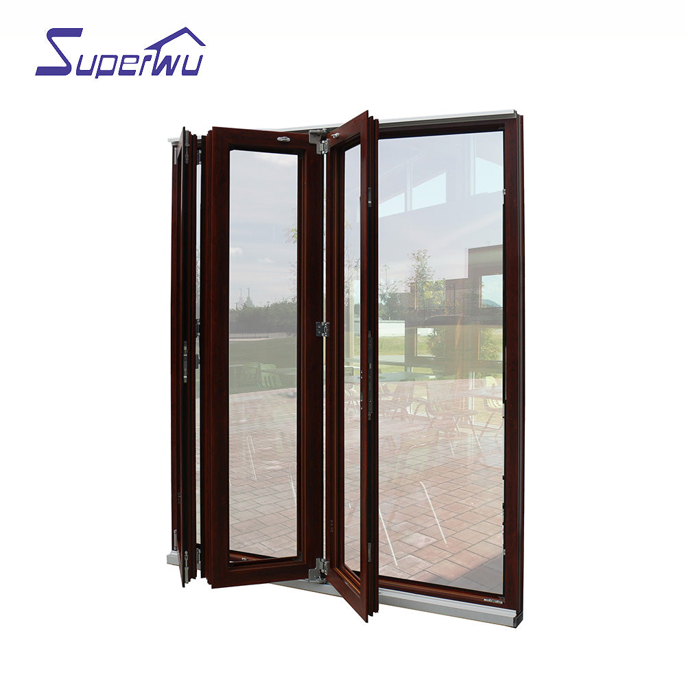 Superwu 10 Year Warranty Aluminum Balcony Patio Bi fold Glass Folding Door Wooden Grain Color Manufacture
