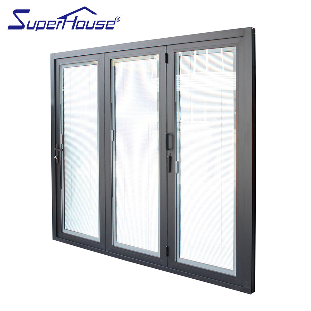 Superhouse AS2047 NFRC AAMA NAFS NOA standard double glass big view aluminum folding door with blinds inside