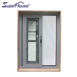 Superwu Aluminum sliding window with stainless steel security mesh and insert blinds with timber reveal