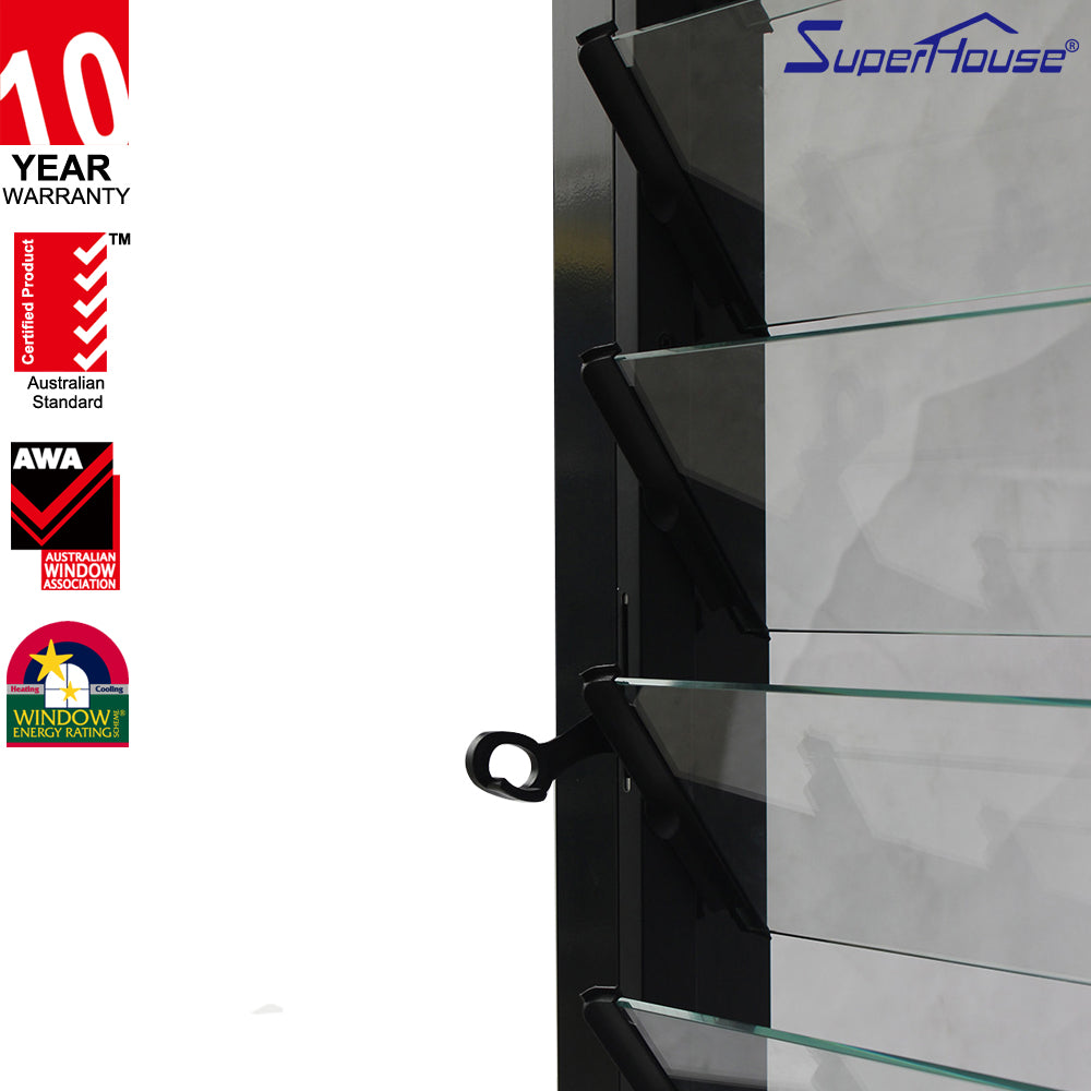 Superhouse Aluminium black profile glass window louver shutters with fiberglass mosquito screen