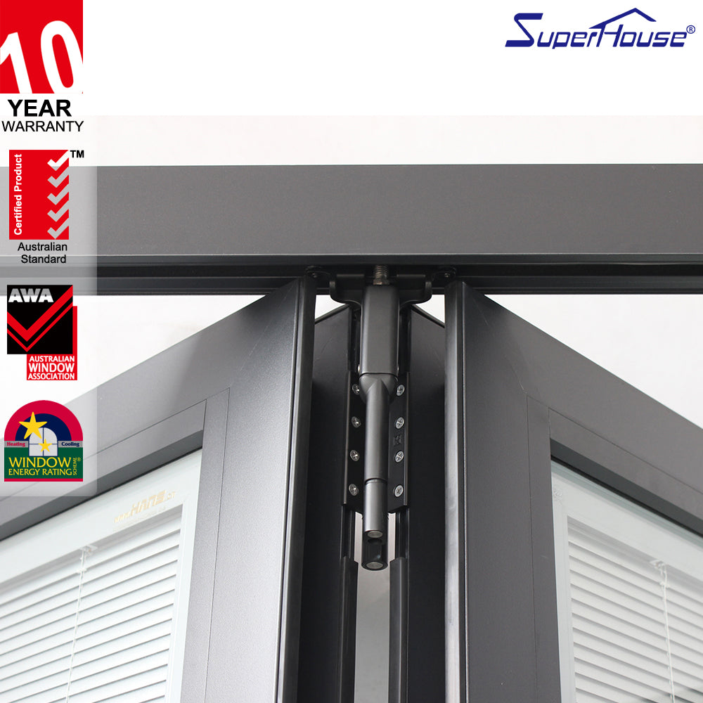 Superhouse AS2047 NFRC AAMA NAFS NOA standard double glass big view aluminum folding door with blinds inside
