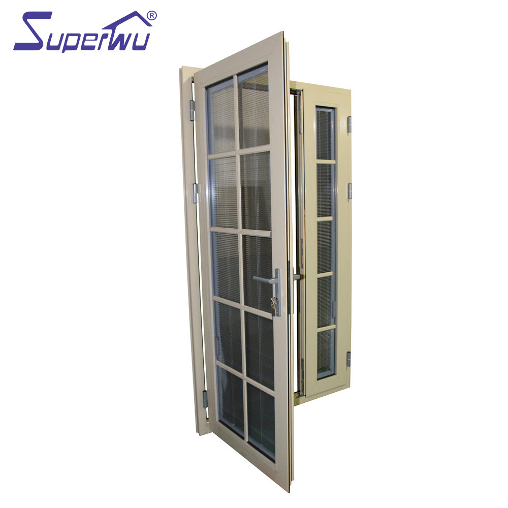 Superwu Aluminum Double Glazed Swing Pivot French Revolving Entry Door With Decorate Door