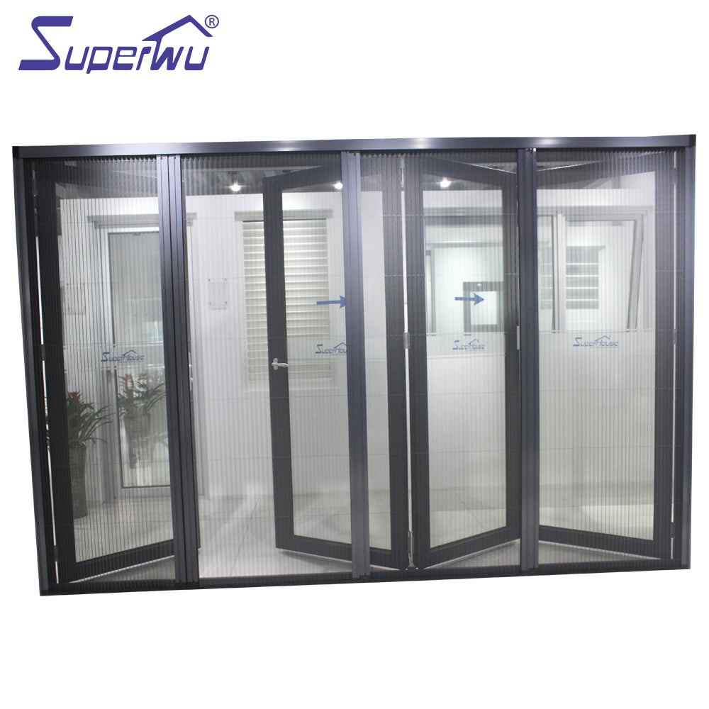 Superwu Australian standard popular big view black aluminium frame bi-folding door with retractable flyscreen
