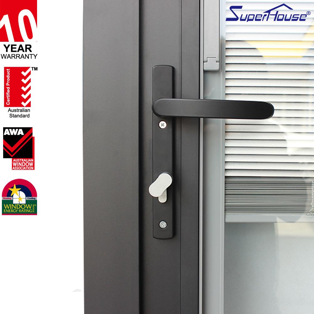 Superhouse 3 panel design black aluminium glass impact bifold doors with blind shutter