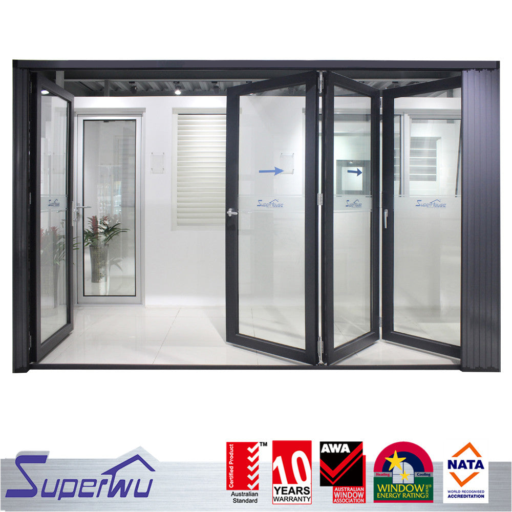 Superwu double clear toughened glazed retractable fly screen aluminium vertical folding doors