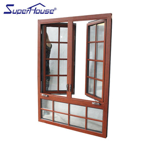 Superhouse AAMA MIAMI DADE standard aluminium clad wood crank casement window with decorative bar for house energy rating