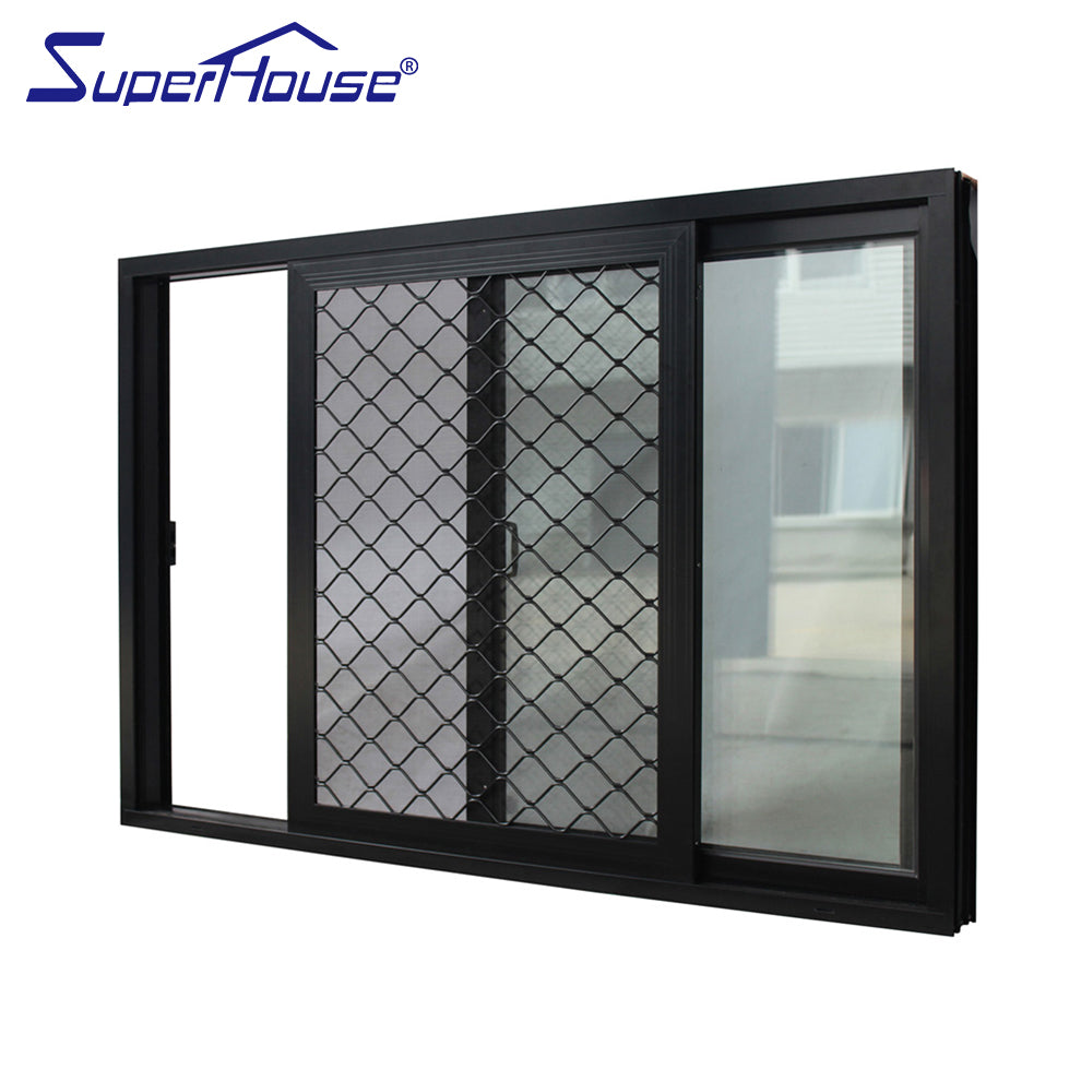 Superhouse bedroom soundproof aluminium big sliding window with security stainless steel mesh