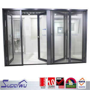 Superwu double clear toughened glazed retractable fly screen aluminium vertical folding doors