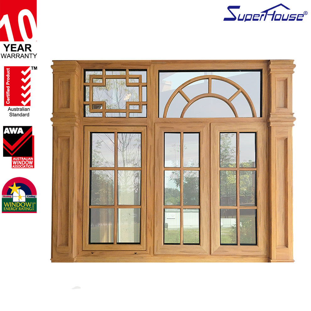 Suerhouse beautiful wood arch aluminum window double glass round window with opening