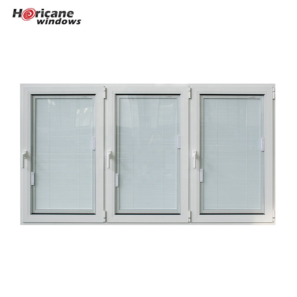 Superhouse Three panel aluminium casement windows with built-in blinds
