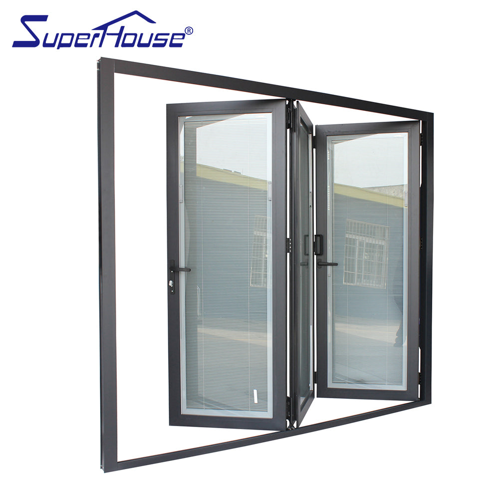 Superhouse 3 panel design black aluminium glass impact bifold doors with blind shutter