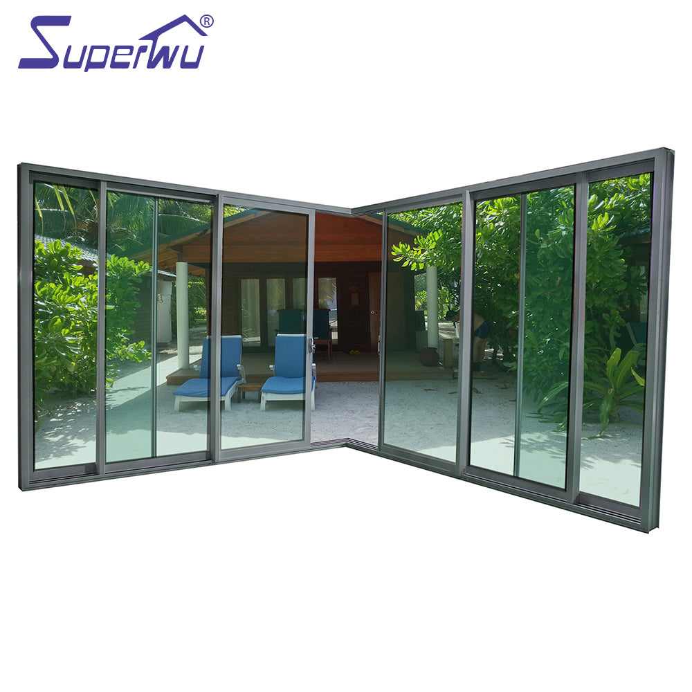 Superwu Tempered Glass Sliding Door/Three Rail 6 Panels Commercial System Australia Design Aluminium Frame Sliding Door