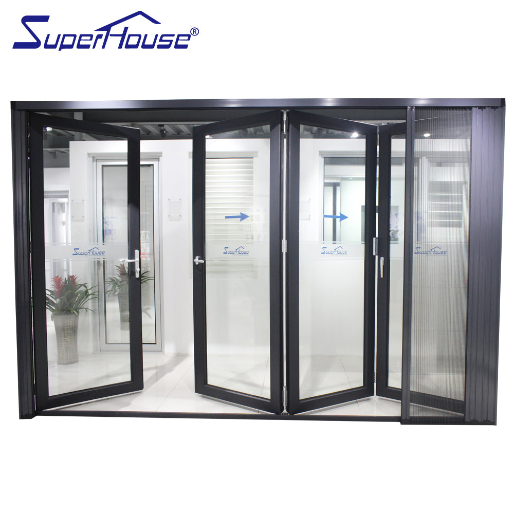 Superhouse AS2047 NFRC AAMA NAFS NOA standard commercial large double glass aluminum folding glass doors with flyscreen