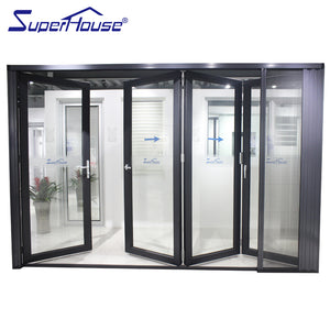Superhouse AS2047 NFRC AAMA NAFS NOA standard commercial large double glass aluminum folding glass doors with flyscreen