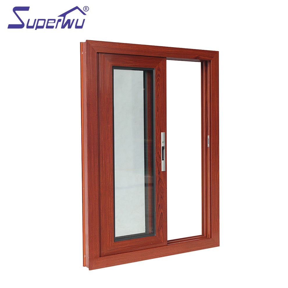 Superwu Wooden grain timber finished tempered glass aluminum frame sliding windows