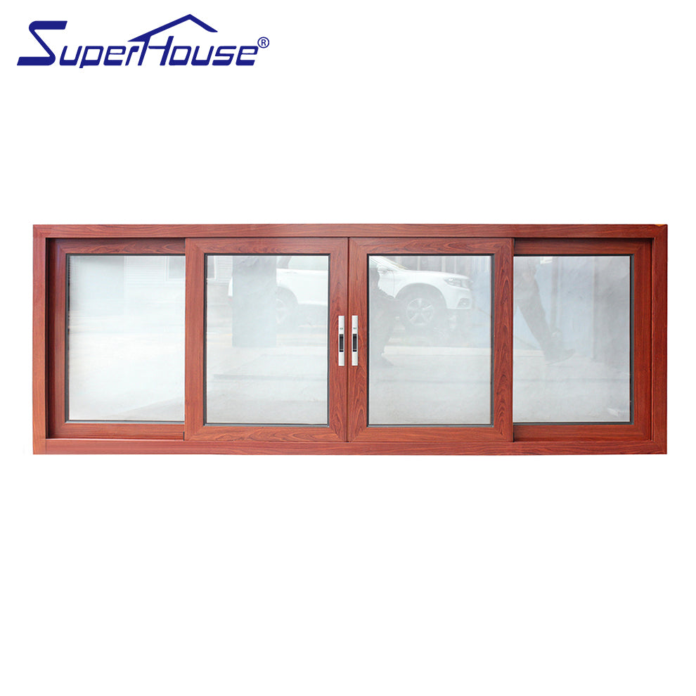 Superwu Wooden color sliding windows 4 panels tempered glass aluminum windows best service
