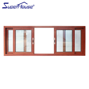 Superwu Wooden color sliding windows 4 panels tempered glass aluminum windows best service